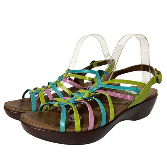 Dansko Dana Sandals Leather Pink Blue Green Strappy Wedge Womens Size 42 US 12 - Picture 2 of 16